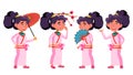 Asian Girl Kid Poses Set Vector. Kimono, Sakura, Umbrella. Beauty. Young, Cheerful. For Postcard, Cover, Placard Design