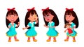 Asian Girl Kindergarten Kid Poses Set Vector. Preschool. Young Positive Person. Beauty. For Banner, Flyer, Brochure