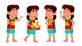 Asian Girl Kindergarten Kid Poses Set Vector. Preschooler Playing. Friendship. For Web, Poster, Booklet Design. Isolated