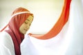 Asian Girl Kissing Indonesian flag, Indonesia independence day