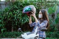 girl with mask wearing helmet before road riding motorbike Royalty Free Stock Photo