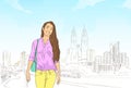 Asian Girl Over Modern City Cityscape Background