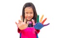 Asian girl painting color on left hand and finger. Art activity Royalty Free Stock Photo