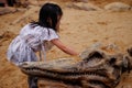 An Asian girl playing in a sandbox with a modeled dinosaur fossil