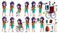 Asian Girl Poses Set Vector. Teenage. Health Concept. Cyborg, Hybrid. Wheelchair. Amputation Prosthesis. For Web, Poster