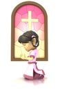 Asian girl praying in front stained glass window