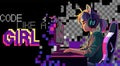 Asian girl programmer with a headset sits in front of a computer