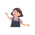 Asian girl with red bow in her hair wave hello. Chinese kid wearing overalls waving bye and smiling. Vector cartoon. Royalty Free Stock Photo