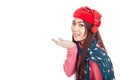 Asian girl with red christmas hat blowing a kiss and smile Royalty Free Stock Photo