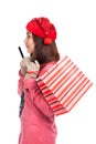 Asian girl with red christmas hat ,credit card and shopping bag Royalty Free Stock Photo