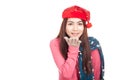 Asian girl with red christmas hat smile blowing a kiss Royalty Free Stock Photo