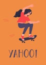 Asian girl ridiing skateboard card template with text yahoo. Long hair young woman learning how to ride on skate Royalty Free Stock Photo