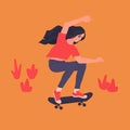 Asian girl ridiing skateboard. Long hair worried young woman learning how to ride on skate,trying not to fall. Pink