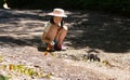 Asian girl sitting in forest,cute little girl studying and learn