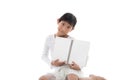 Asian girl sitting and holding blank notebook Royalty Free Stock Photo