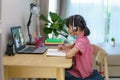 Asian girl student video conference e-learning with teacher and classmates on computer in living room at home. Homeschooling and Royalty Free Stock Photo