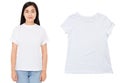 Asian girl in t-shirt mock up isolated, white tshirt mock up close up over white background. T shirt mock up on korean woman