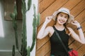Asian girl teen cute hipster style fashion portrait holiday summer travel dressing vintage color film tone