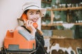 Asian girl teen cute hipster style fashion portrait holiday summer travel  dressing vintage color film tone, using telephone Royalty Free Stock Photo