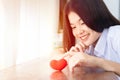 Asian girl teen lovely university cute smiling with red heart for love together Valentine day concept Royalty Free Stock Photo