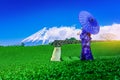 Asian girl traveler wearing japanese traditional kimono at Fuji mountains and green tea plantation in Shizuoka, Japan Royalty Free Stock Photo