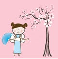 Asian girl under spring floral tree. Royalty Free Stock Photo