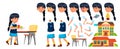 Asian Girl Vector. Primary School Child. Animation Creation Set. Face Emotions, Gestures. Life, Emotional, Pose. For