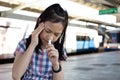 Asian girl with vertigo,dizziness,migraine,sick depressed girl s Royalty Free Stock Photo