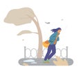 Asian girl wearing jacket walk in the street under heavy rain and strong wind. Woman in windy rainy weather, vector.