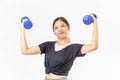 Asian girl wearing sportwear lifting blue color dumbbells Royalty Free Stock Photo