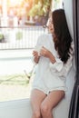 Asian girl who just wake up in the morning Royalty Free Stock Photo