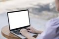 Asian girl working from home, quarantine Covid-19, laptop computer white screen Royalty Free Stock Photo