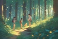 asian girls and boys walking in autumn forest, fall season