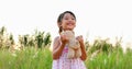 Asian Girls playing teddy bears and laughing happy on meadow in summer in nature