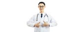 Asian good doctor man smile and thumbs up for best health and insurance package plan for advertising, over isolated white