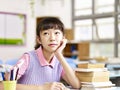 Asian grade school student thinking in classroom Royalty Free Stock Photo