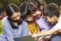 Asian grade school students using laptop together