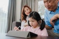 Asian grandparents and granddaughter video call at home. Senior Chinese, grandpa and grandma happy with girl using mobile phone Royalty Free Stock Photo