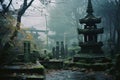 an asian graveyard in the middle of a foggy forest Royalty Free Stock Photo