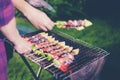 Asian group of friends having outdoor garden barbecue laughing w Royalty Free Stock Photo