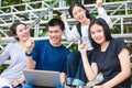 Asian Group of students Success and winning concept - happy tea Royalty Free Stock Photo