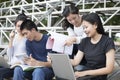 Asian Group of students using tablet and notebook sharing with t Royalty Free Stock Photo