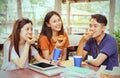 Asian group together eating pizza in breaking time Royalty Free Stock Photo