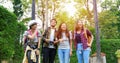 Asian Group of young people with friends backpacks walking together and happy friends are taking photo and selfie ,Relax time on Royalty Free Stock Photo