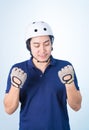 Asian guy with bicycle helmet and gloves Royalty Free Stock Photo