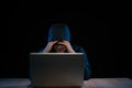 Asian hacker hacking computer network with laptop in dark. Cyber security concept Royalty Free Stock Photo