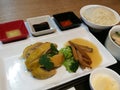 Asian Hainanese Chicken rice set, Thai gourmet steamed chicken with rice, soup, broccoli mushroom and seasoning chilli garlic sauc