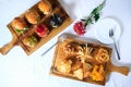 Asian hamburger with fried potatoes and bread on white background Royalty Free Stock Photo