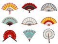 Asian hand fans. Paper folding hand fans, chinese, japanese decorative traditional oriental wooden fans vector