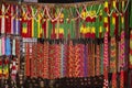 Asian hand made strands colorful beads at outdoor crafts market in Kathmandu, Nepal. Royalty Free Stock Photo